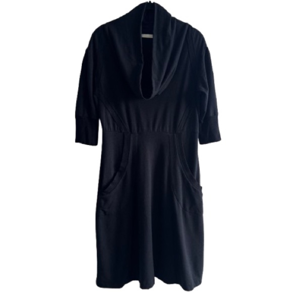 Una Black Cowl Neck Sweater Dress Modal Spandex Stretch 3/4 Sleeve Minimal